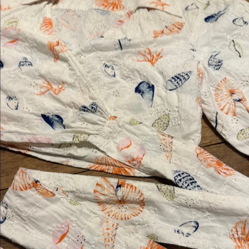Anthropologie White and Orange Pajama Set with Whimsical Design Seashells Sea M2 - Picture 3 of 10
